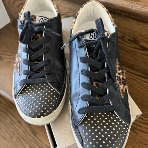 Golden Goose Superstar Gold studded toe - Black leather with leopard star - Picture 5 of 11